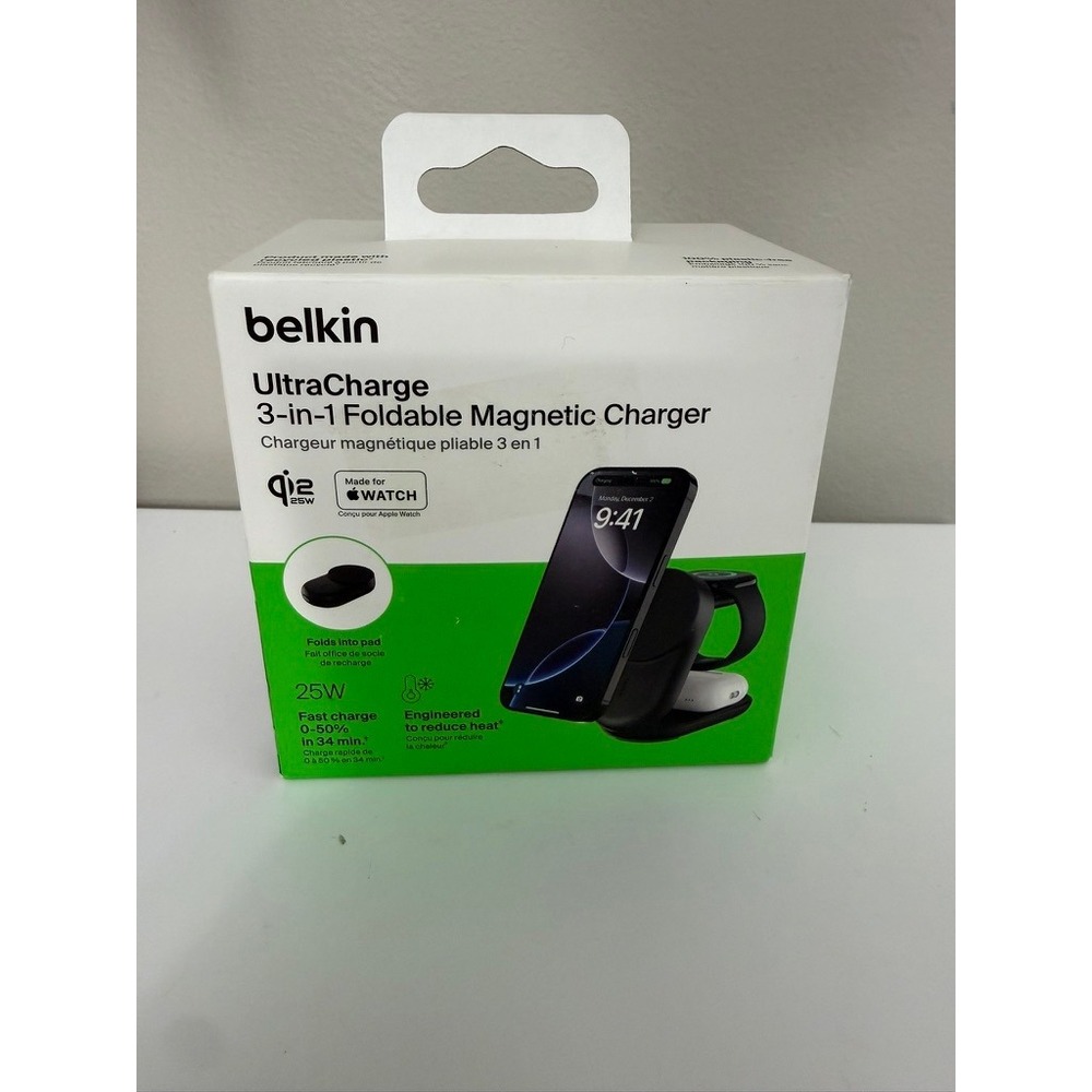 Belkin UltraCharge 3-in-1 Magnetic Charger Black Qi2 25W Foldable NWT